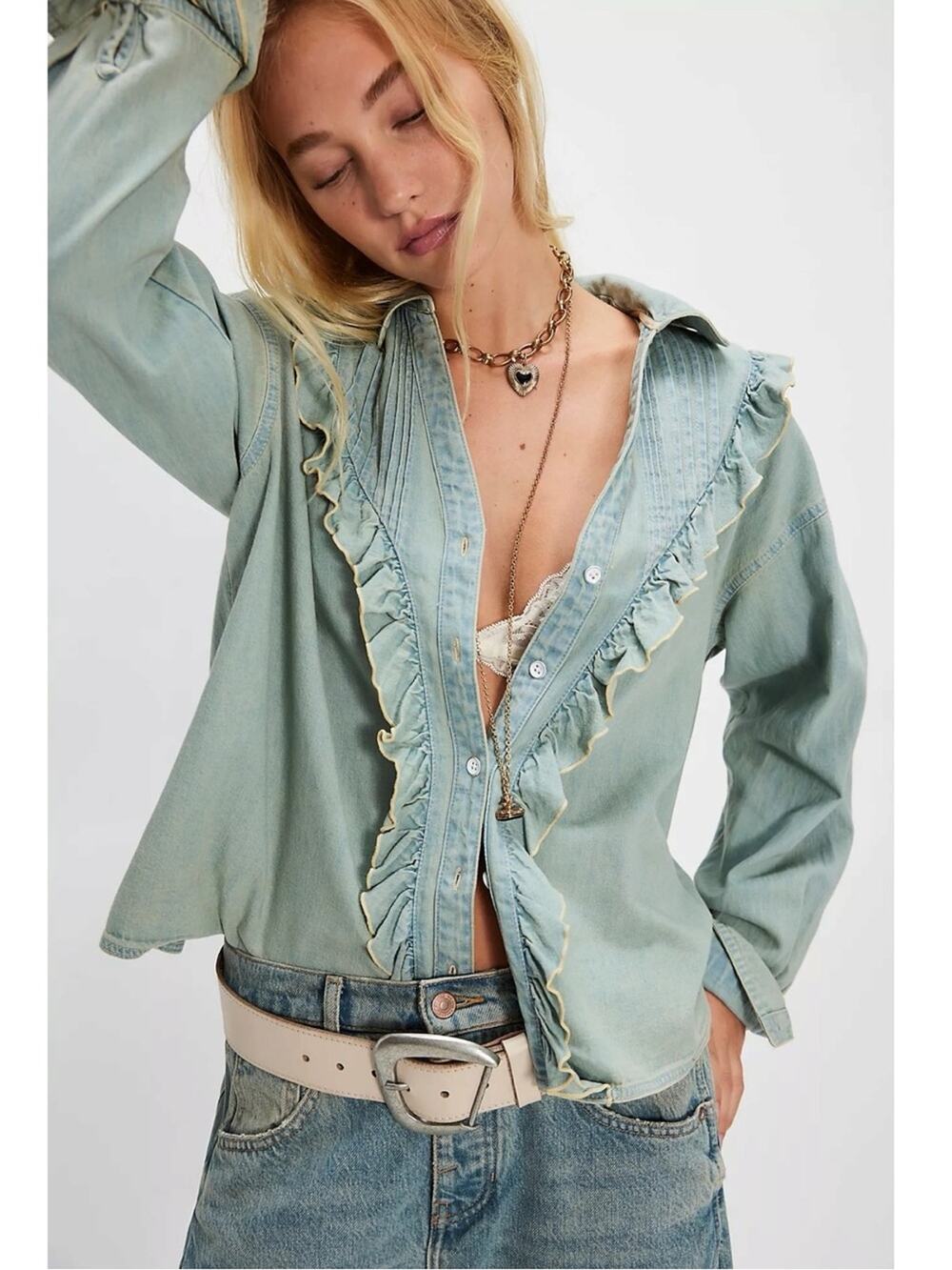Free People Western Bohemian Tattered And Ruffled Denim Top Shirt Size XL